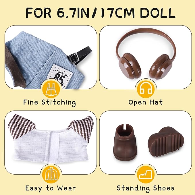 Clothes for 6.7in/17cm Doll, Set of 4 Cute Doll Accessories Includes Doll Hat+T-Shirt+Bib Pants+Shoes Set Premium Fashion Outfit for Collectors Unique Gift (Style B)