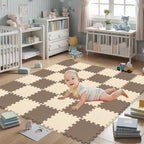 qqpp EVA Rubber 18 Tiles Interlocking Puzzle Foam Floor Mats - Baby Play Mat for Playing | Exercise Mat for Home Workout. Brown, Beige. QC-FJb18N