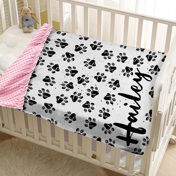 Personalized Baby Blankets for Boys Girls, Custom Name Dog Paws Pattern Baby Blanket, Soft Minky Dot Blanket for Newborns and Toddlers, Ideal for Baby Showers Christmas Brithday Gifts