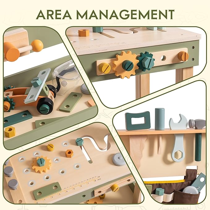 ROBOTIME Wooden Kids Tool Bench, Toddler Tool Bench - Toy Play Workbench Workshop with Tool Belt, Play Tools Set, Drawing Paper for Construction Play, Perfect for Kids Ages 3-5