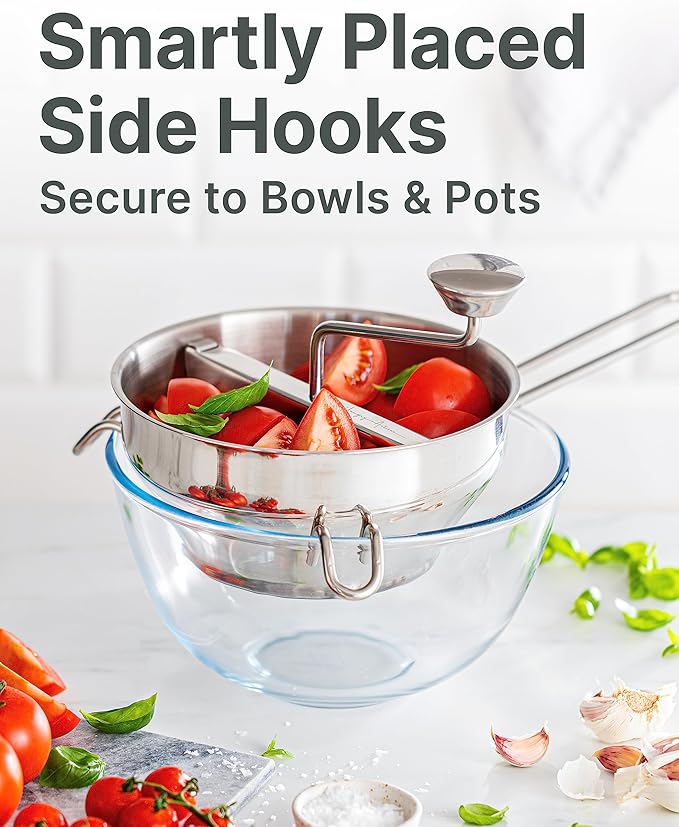 Ergonomic Food Mill Stainless Steel With 3 Grinding Discs - Rotary Food Mill for Tomato Sauce, Applesauce, Puree, Mashed Potatoes, Jams, Baby Food