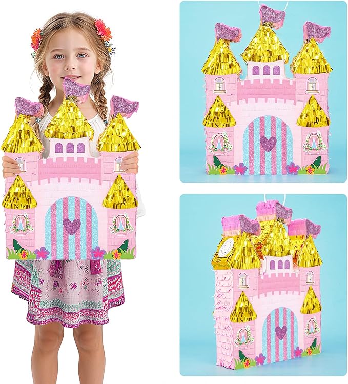 WERNNSAI Princess Castle Piñata - Princess Birthday Party Decorations Pink Princess Piñata with Blindfold and Bat for Birthday Girls Family Game Princess Theme Birthday Party Supplies 16.4” x 12.4”