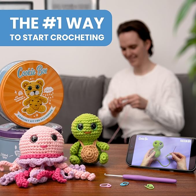 Cookie Box Crochet Kit for Beginners - Learn to Craft Amigurumi Stuffed Animals - Knitting Gift for Kids and Adults - Beginner-Friendly Yarn - Stitch-by-Stitch Video Tutorial - Oyster Pearl
