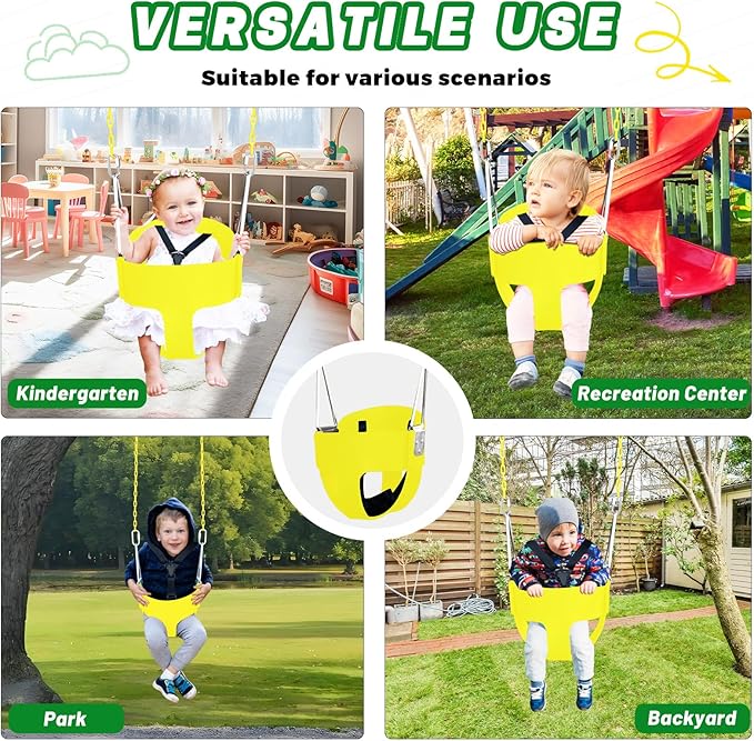 High Back Full Bucket Toddler Swing Seat with 3- Point Adjustable Safety Harness, 66 inch Detachable Chain,Suitable for Babies Aged 6-24 Months，Baby Swing for Swingset (Yellow)