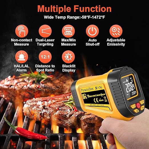 Infrared Thermometer Gun -58°F to 1472°F with Backlit Display, Laser Thermometer Temperature Gun with Adjustable Emissivity & Max and Min Measure, Dual Laser Targeting Temp Gun for Cooking, Griddle