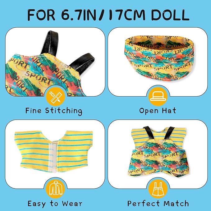 Clothes for 6.7in/17cm Doll, Set of 4 Cute Doll Accessories Includes Doll Hat+T-Shirt+Bib Pants+Shoes Set Premium Fashion Outfit for Collectors Unique Gift (Style E2)