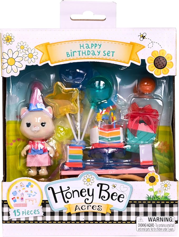 Honey Bee Acres Birthday Wishes Playset, 15 Piece Miniature Dollhouse Party Set with Cat Figure, Rainbow Cake, Balloons & Gift, Pretend Play Birthday Celebration for Kids Ages 3+