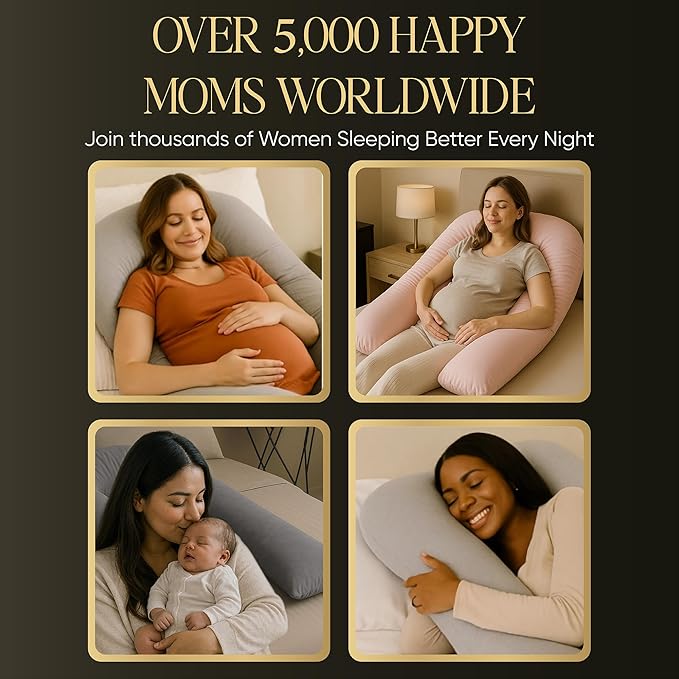 U-Shaped Pregnancy Pillow – 100% Cotton Cover, Full Body Maternity Support for Belly, Back and Legs – Bonus Eye Mask and Gift Box (Light Pink)