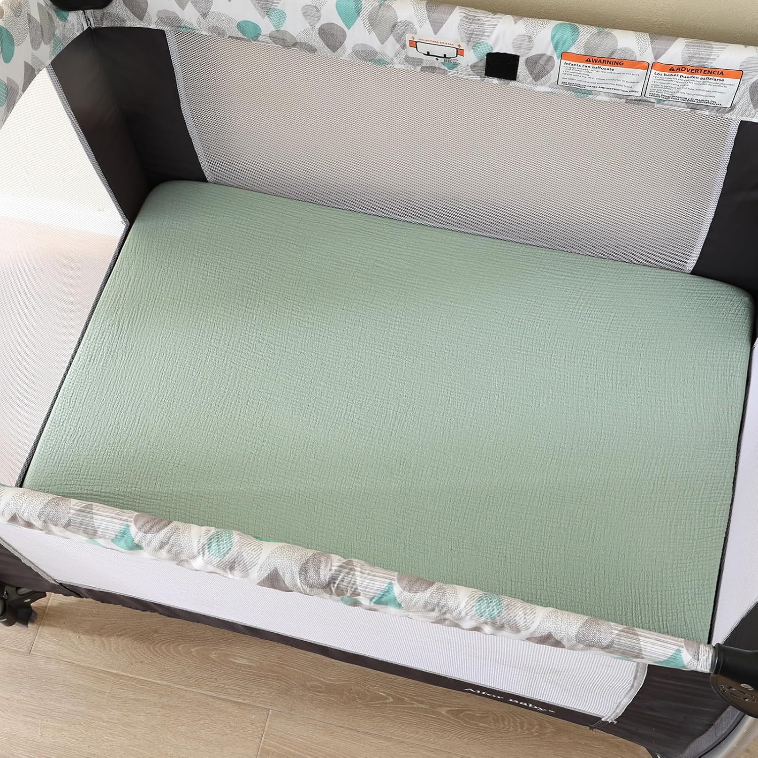 david's kids Muslin Mini Crib Sheets, 2 Pack Cotton Pack N Play Sheets for Boys Girls Neutral, Soft Breathable Baby Sheets Fit Pack N Play, Playard and Mini Crib Mattresses, Oat Milk & Sage Green