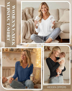 Huukeay 3 Pack Women's Long Sleeve Nursing Tops, Breastfeeding Hidden Zippers Shirts V Neck Maternity Pregnancy Tees Clothes