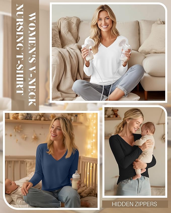 Huukeay 3 Pack Women's Long Sleeve Nursing Tops, Breastfeeding Hidden Zippers Shirts V Neck Maternity Pregnancy Tees Clothes