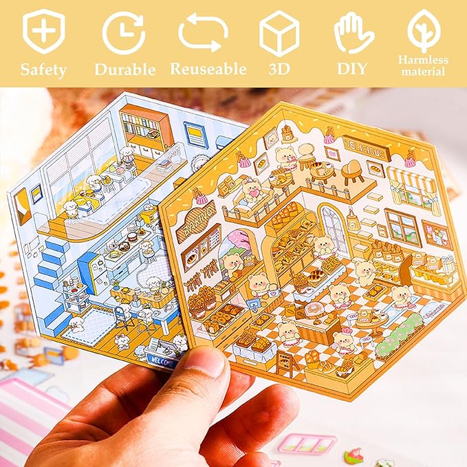 DIY 3D Sticker Scene, 6 Sets of Cute Miniature Isometric Stickers for Kids Adult Therapy Scenes Sticker Reuseable and Waterproof Stickers for Girl