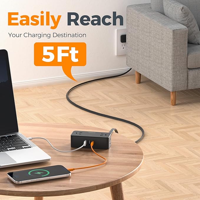 Black Extension Cord 5 Ft, TESSAN Flat Surge Protector Power Strip with 4 Wide Spaced AC Outlets 3 USB Ports (1 USB C), Ultra Thin Flat Plug with 900J Surge Protection, Office Dorm Room Essentials