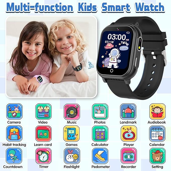 Kids Waterproof Smart Watch Gift for Boys Ages 3-12, 32 Puzzle Games, HD Touchscreen, Dual Camera, Vedio Pedometer Music Player, Kids Watch Toy Birthday Gifts for Boys Ages 5 6 7 8 9 10 (Black)