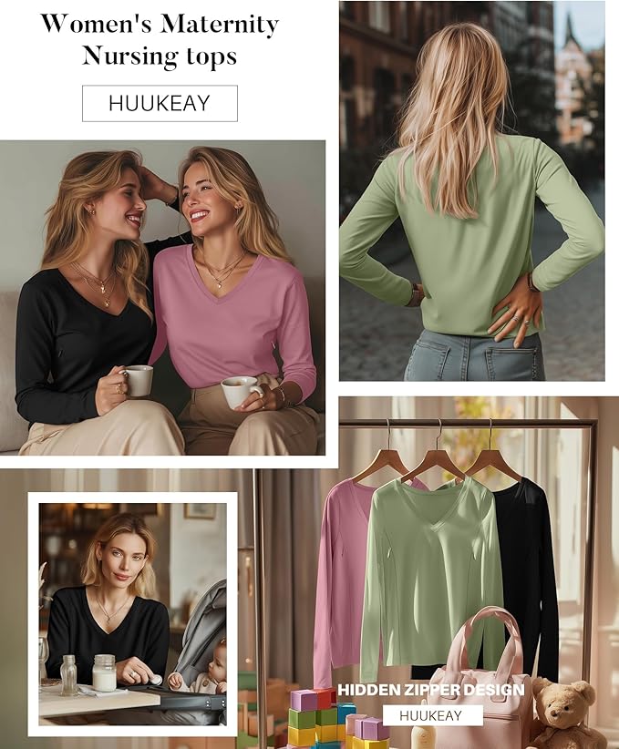Huukeay 3 Pack Women's Long Sleeve Nursing Tops, Breastfeeding Hidden Zippers Shirts V Neck Maternity Pregnancy Tees Clothes
