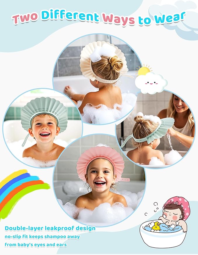 Kids Shower Cap, Baby Hair Washing Shield, Bath Visor for Toddlers, Bathing Head Face Eye Ear Protector, Air Cushioned Shampoo Caps with 20-Size Adjustment for 6Month+ to Adult (Blue)