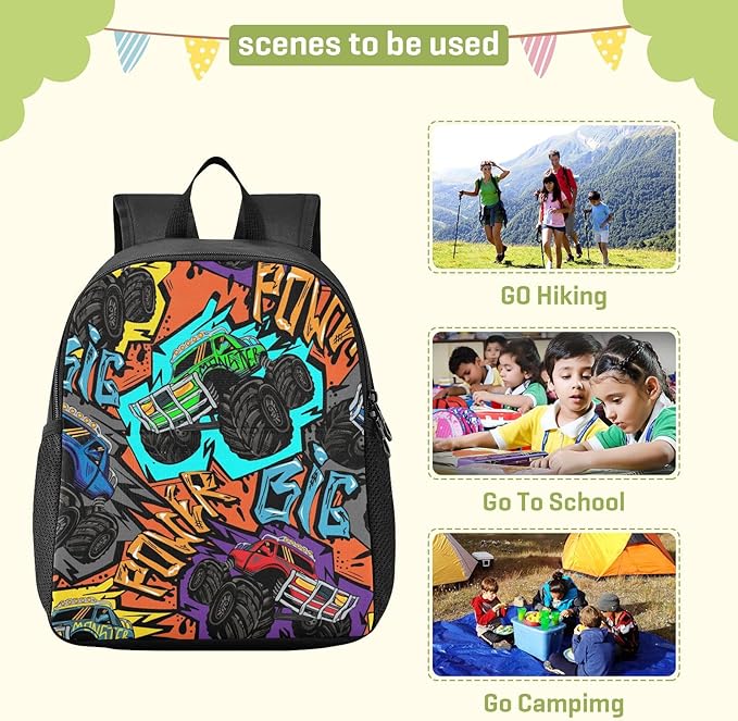 Monster Truck Car Toddler Backpack Waterproof Mini Backpack Boys/Girls Cute Small Backpack Kindergarten Pre School Bags 13 Inch
