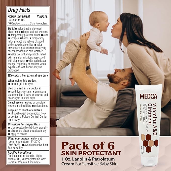 MEDca Vitamin A & D Diaper Rash Ointment- Protectant Cream for Sensitive Baby Skin - Lanolin & Petrolatum Formula, Dry-Cracked Hands/Feet/Face Skin, 1oz Tube, Pack of 4