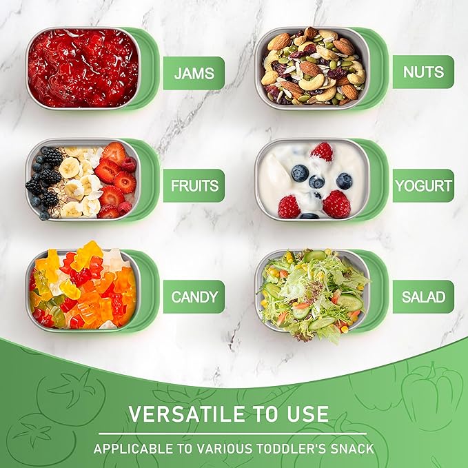 HaWare Stainless Steel Snack Containers for Toddlers and Kids, 8 oz Leak Proof Food Storage Containers with Green Silicone Lids, Stackable Small Metal Lunch Box for Daycare and School- 3 Packs