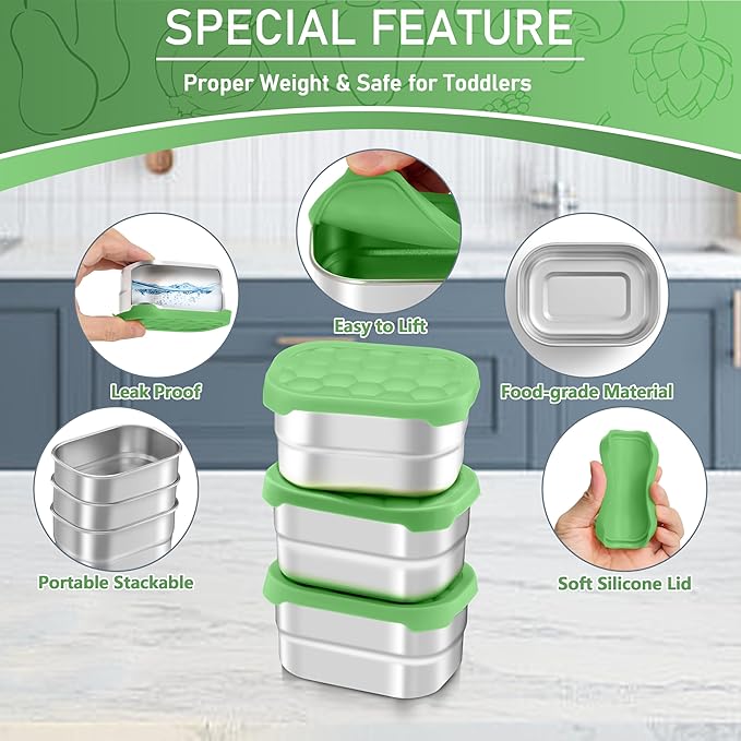 HaWare Stainless Steel Snack Containers for Toddlers and Kids, 8 oz Leak Proof Food Storage Containers with Green Silicone Lids, Stackable Small Metal Lunch Box for Daycare and School- 3 Packs