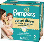 Pampers Swaddlers Diapers, Size 2 (10-22 lbs), 148 Count, Absorbent, Keeps Baby Dry and Comfortable, Skin Safe Disposable Baby Diaper (Packaging May Vary)