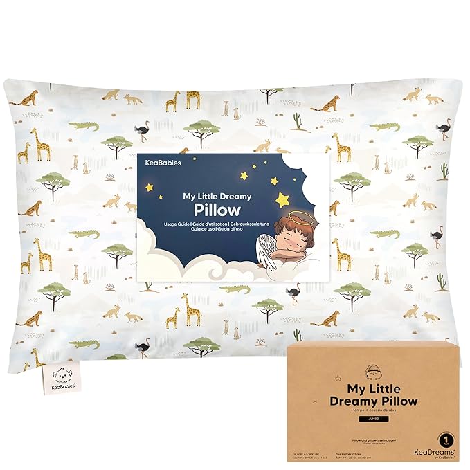 KeaBabies Toddler Pillow with Pillowcase, Jumbo 14X20 - Soft Organic Cotton Toddler Pillows for Sleeping - Machine Washable - Perfect for Travel, Toddler Bed Set (Grasslands)