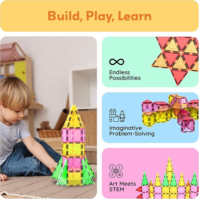 PicassoTiles Magnetic Tile Building Block Set with Squares and Triangles STEM Educational Construction Geometric Magnet Shape Kit for Brain Development Creativity and Learning for Kids Age 3 Plus PB12