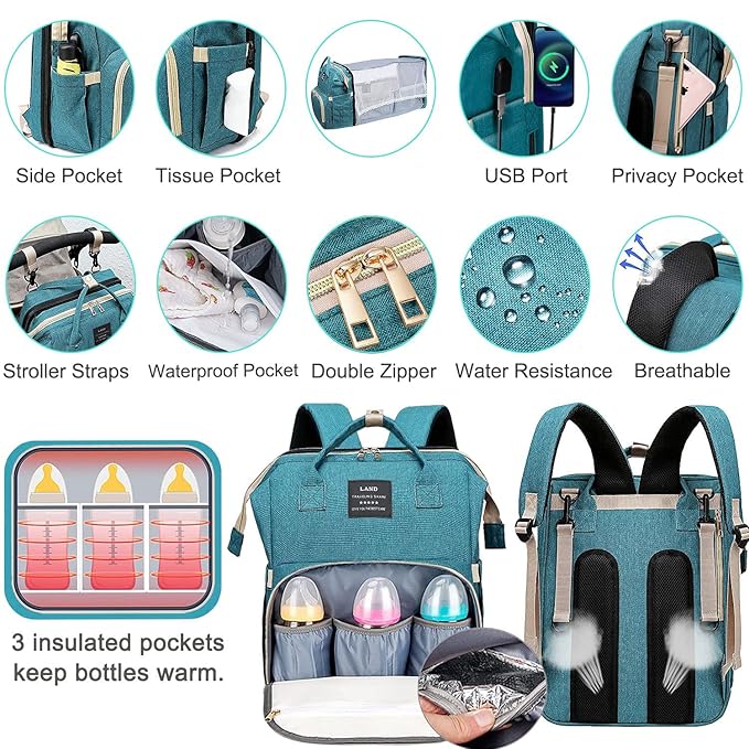 Diaper Bag with Changing Station,Diaper Bag Backpack，7 in 1 Travel Baby Diaper Bag,Mommy Bag With USB Charging Port (Green)