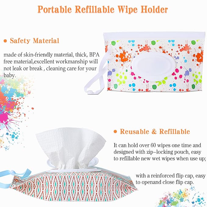 FEBSNOW 4 Pack Baby Refillable Baby Wet Wipe Dispenser, Reusable Wipes Pouch Container, Lightweight Portable Travel Wipes Holders