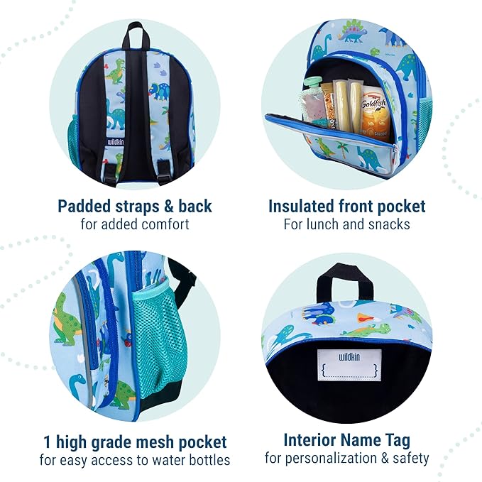 Wildkin 12-inch Kids Backpack – Padded, Adjustable, Ideal for Daycare & Travel - Dinosaur Land