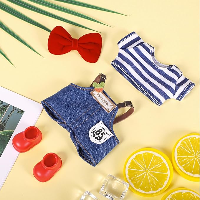Clothes for 6.7in/17cm Doll, Set of 4 Cute Doll Accessories Includes Doll Hat+T-Shirt+Bib Pants+Shoes Set Premium Fashion Outfit for Collectors Unique Gift (Style A)