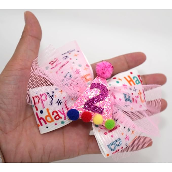 Birthday Hair Bow for Baby Girls 1 2 3 4 5 6 Years Sprinkle Decorations Party Pink Hair Accessories for Two 2nd Birthday Confetti Ice Cream