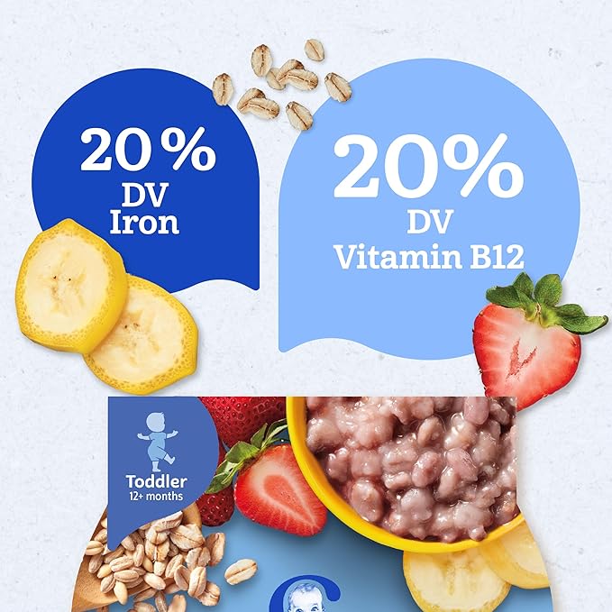 Gerber Toddler Food, Baby Food, Breakfast Oatmeal with Barley, Strawberry Banana Flavor, Cereal, Iron Helps Support Brain Development, 8 Pack