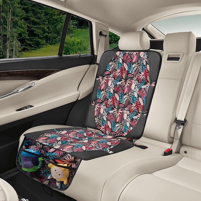 Car Seat Protector for Child Car Seat, 2 Pack Baby Car Seat Covers with Mesh Pockets & Non-Slip Backing 600D Durable Seat Protector Under Baby Car Seat for Car Back Seat (Red Leaves, Large)