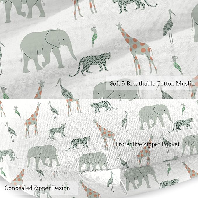 Little Grape Land Nursing Pillow, Soft 100% Cotton Breastfeeding Pillow with Breathable Muslin Removable Cover, Breast Feeding Pillows for Babies 0-12 Months with Protective Zipper, Safari