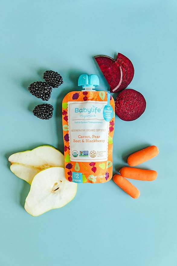 Babylife Organics Stage 2 - Carrot, Pear, Beet & Blackberry, 3.5 Ounce Pouch (6 Pack) - Heavy Metal Safe, Organic Baby Food
