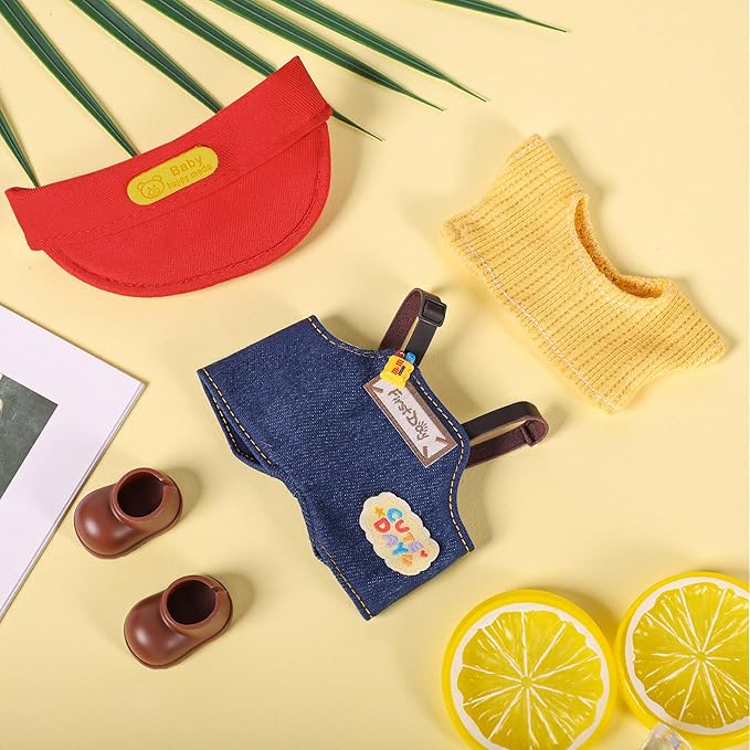 Clothes for 6.7in/17cm Doll, Set of 4 Cute Doll Accessories Includes Doll Hat+T-Shirt+Bib Pants+Shoes Set Premium Fashion Outfit for Collectors Unique Gift (Style F)