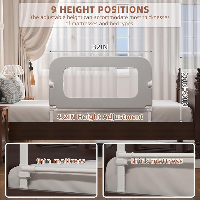 Bed Rail for Toddlers, Baby Bed Rail Guard for Kids, Toddler Bed Rails with Reinforced Anchor Fit, Height Adjustable & Foldable Bed Rail Guard for Twin, Full, Queen & King Beds (Grey, 32IN)