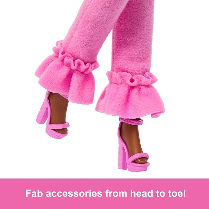 Barbie Deluxe Style Doll #4 in Barbiecore Outfit, Pink and Brown Braids, Soft Pink Top and Pant Set with Furry Collar and Fun Accessories
