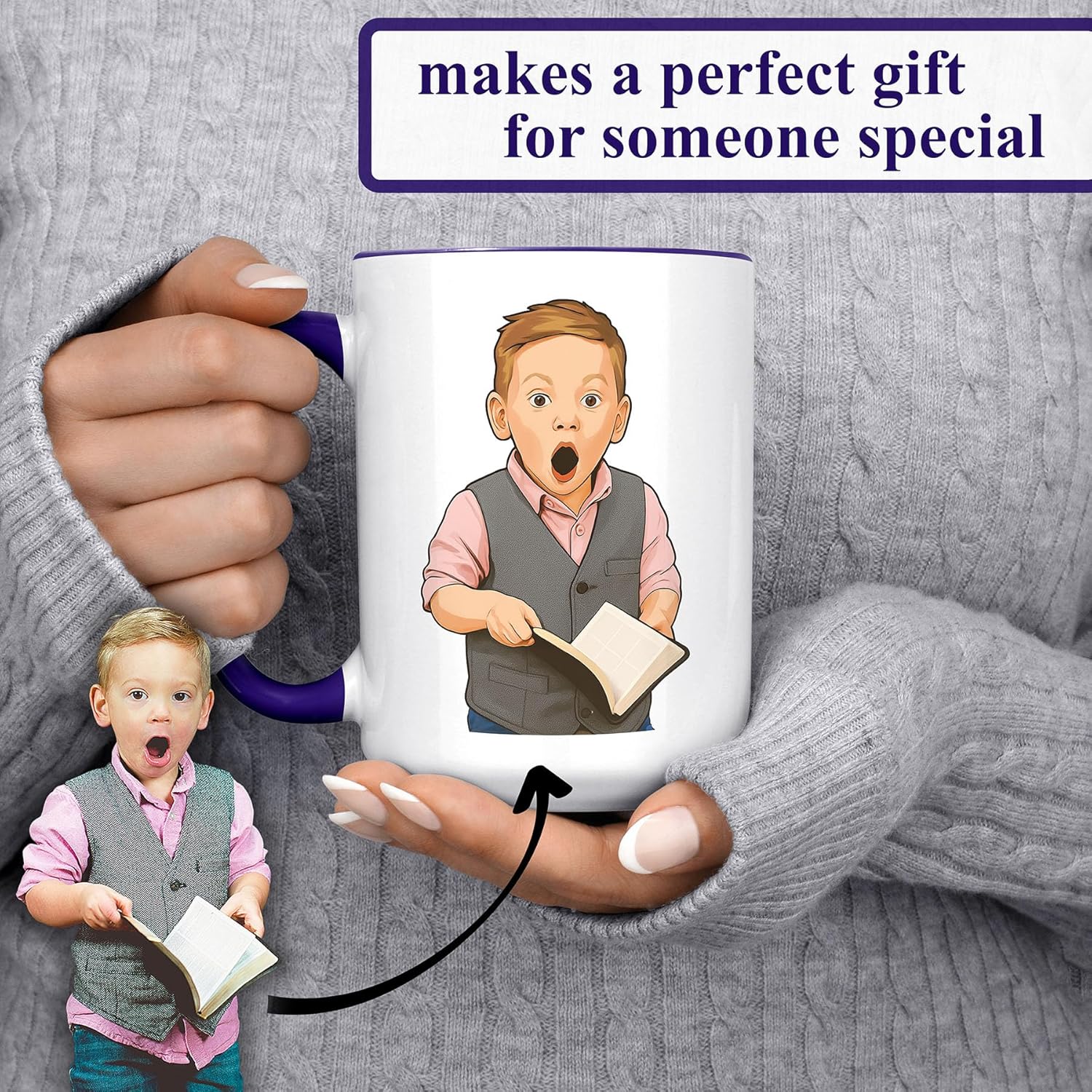 Personalized Coffee Mug, Custom Drawing Portrait Gift, Funny Customized Coffee Gift for Men & Women, Custom Mugs with Pictures, Navy 15oz Father's Day Mug