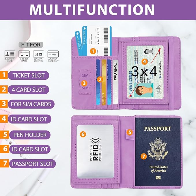 Melsbrinna RFID Passport Holder for Travel, Unisex Adults, Purple, Faux Leather, Travel Wallet, Passport Cover, RFID Protected