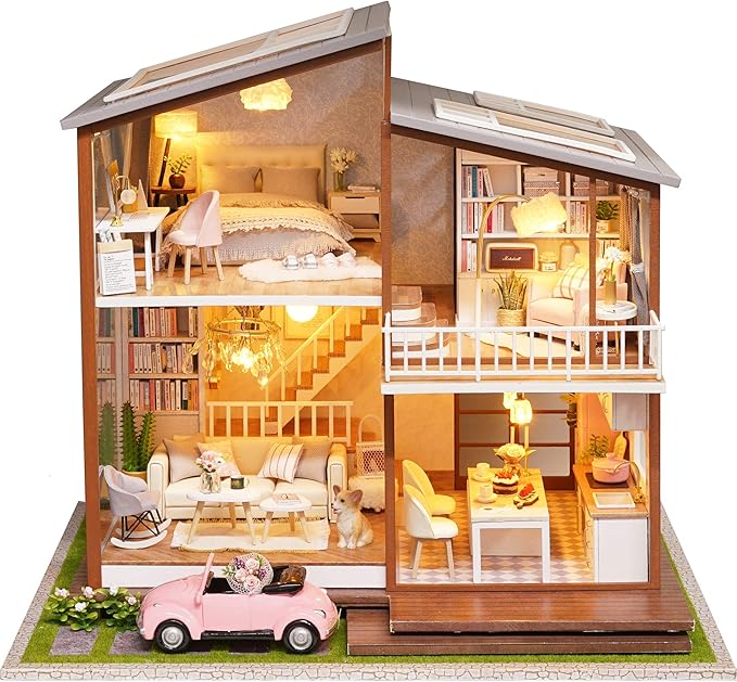 Spilay DIY Dollhouse Miniature with Wooden Furniture,DIY Dollhouse Kit Large Villa Model with LED Light & Music Box,1:24 Scale Creative Room Gift for Adult Teenager
