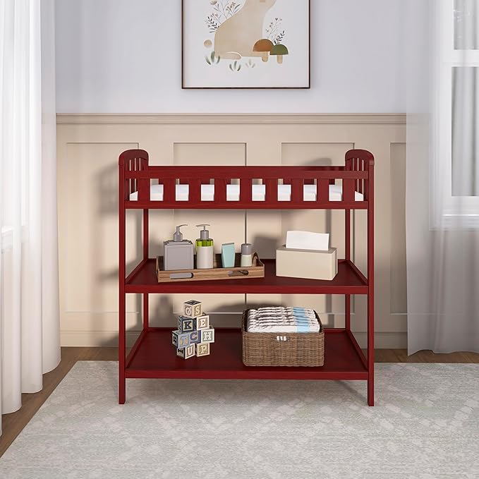 Dream On Me Emily Changing Table, Compact and Portable, Solid New Zealand Pinewood, Safety Rails, Two Storage Shelves, Includes Water-Resistant 1" Changing Pad — Cherry