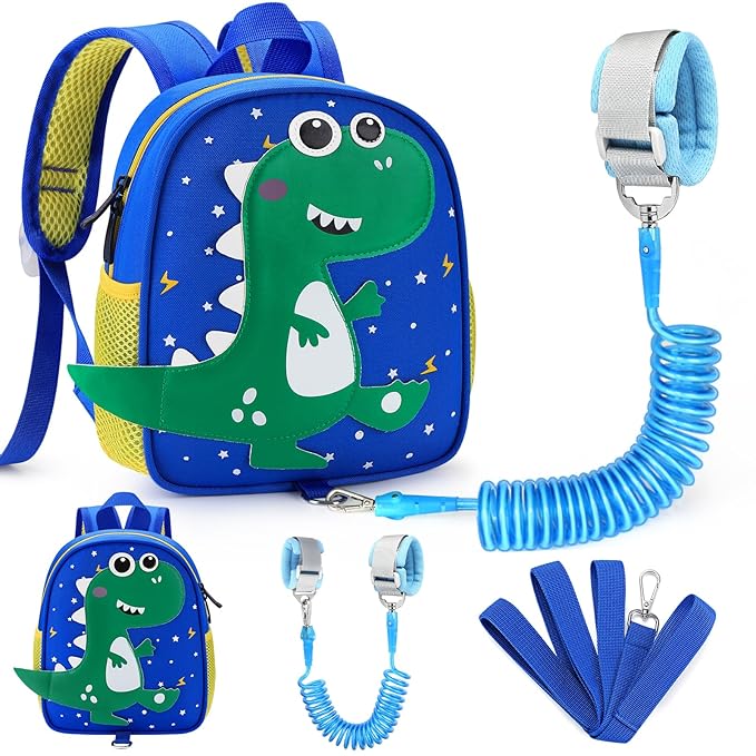 Accmor Toddler Backpack Leash, Cute Dinosaur Kids Backpacks with Anti Lost Wrist Link, Mini Child Bag Tether Baby Walking Harness Wristband Protection Rope for Boys Girls Aged 1-3 to Travel Outdoor