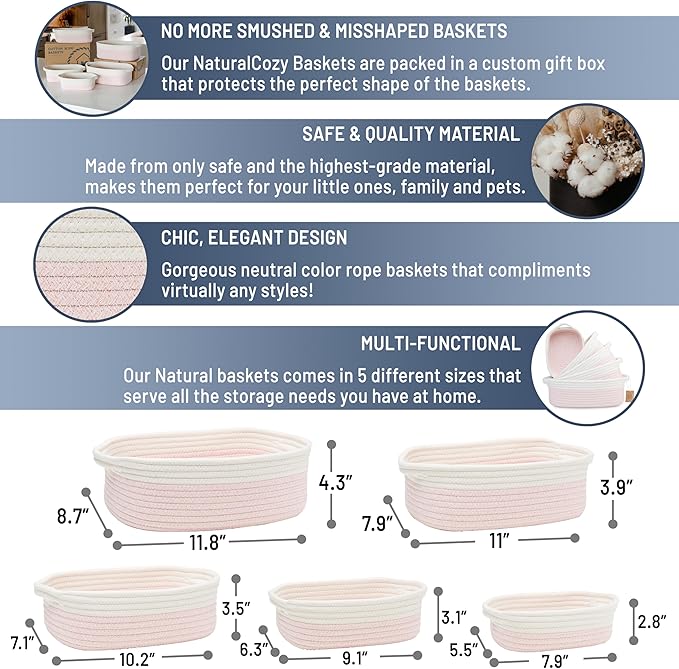 NaturalCozy 5-Piece Rectangle Storage Basket Set- Natural Cotton Rope Woven Baskets for Organizing! Small Basket for Montessori, Baby Nursery, Dog Toy Baskets, Cat Toy Box, Bathroom Organization Bin