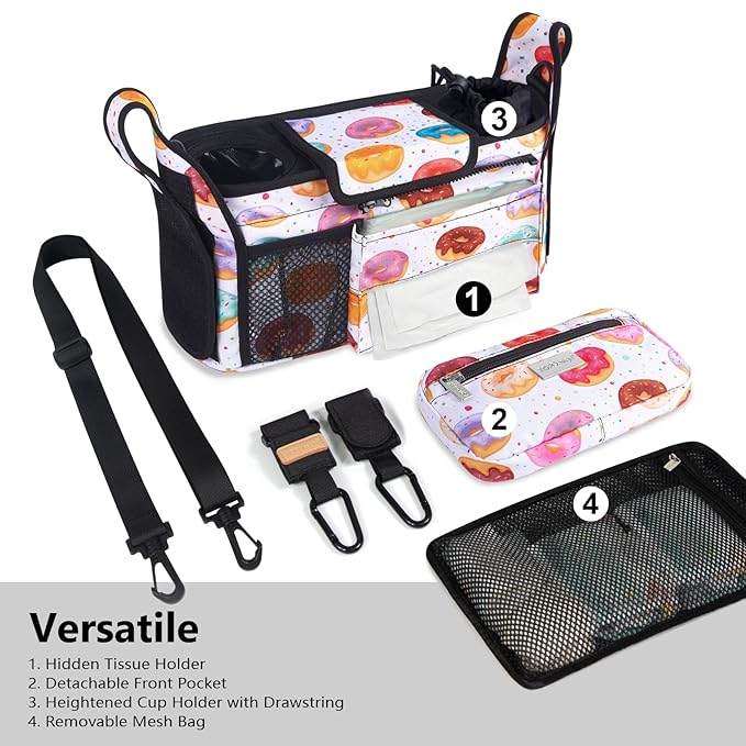 TOPDesign Universal Baby Stroller Organizer, Stroller Caddy with Detachable Mesh Bag & Heightened Insulated Cup Holders & Non-Slip Secure Hooks Accessories, Fits Most Strollers (Donuts)