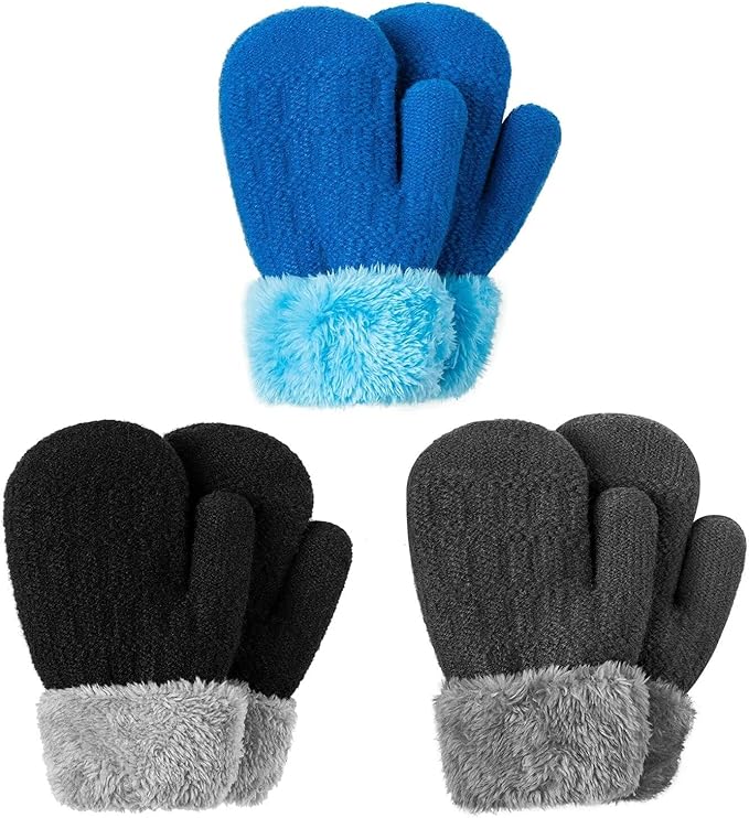 Winter Mittens Gloves Beanie Hat Set for Kids Baby Toddler Children, Thick Warm Knit Fleece Lined Thermal Set for Boys Girls