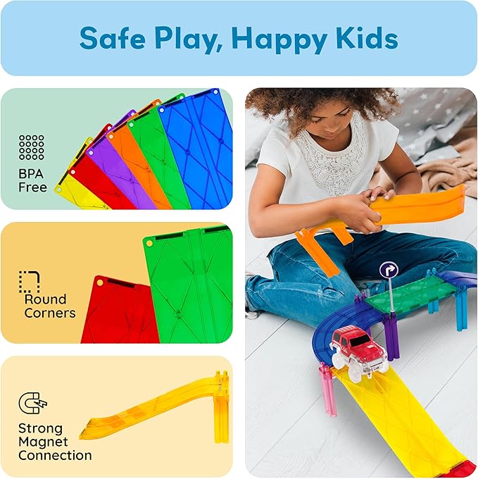 PicassoTiles 6 Piece Magnetic Tiles Race Track Ramp Accessories STEM Building Blocks Toys Magnet Tile Educational Construction Playset Boys Girls Brain Development and Creative Pretend Play Toy PTR06