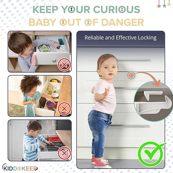 Upgraded Baby Proofing Cabinet Latches for Toddlers - 10 Pcs White Child Proof Cabinet Locks for Child Safety, Easy Set Up Child Locks for Cabinets and Drawers Security for Baby Proof Pantry