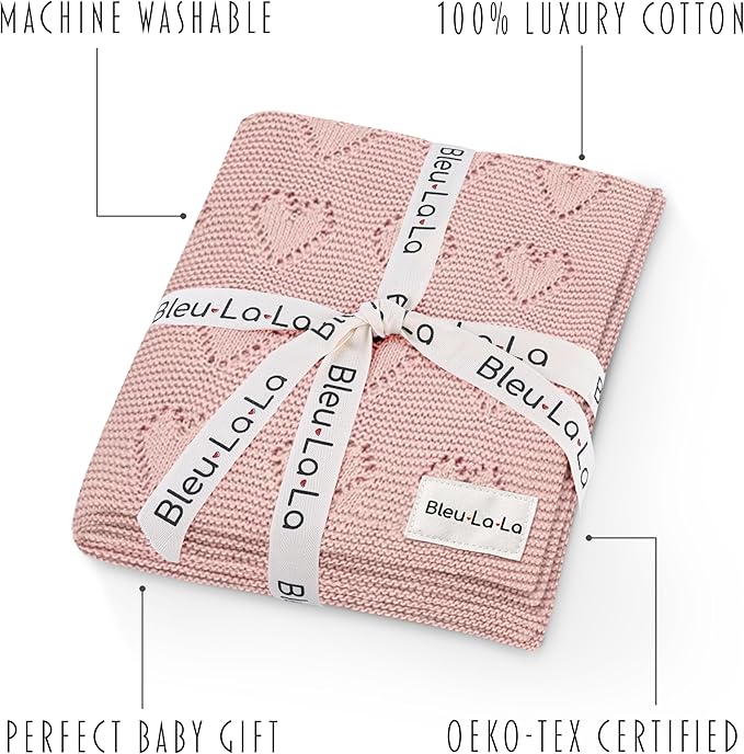 Heirloom Knit Heart Swaddling Blanket for Girls - 100% Luxury Cotton Baby Blanket - Soft Warm Swaddle Receiving Crib Receiving Blanket for Newborns Infants & Toddlers (Pink)